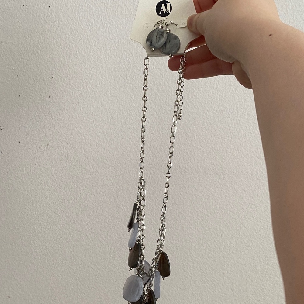 Silver and Gray Long Necklace with Earrings